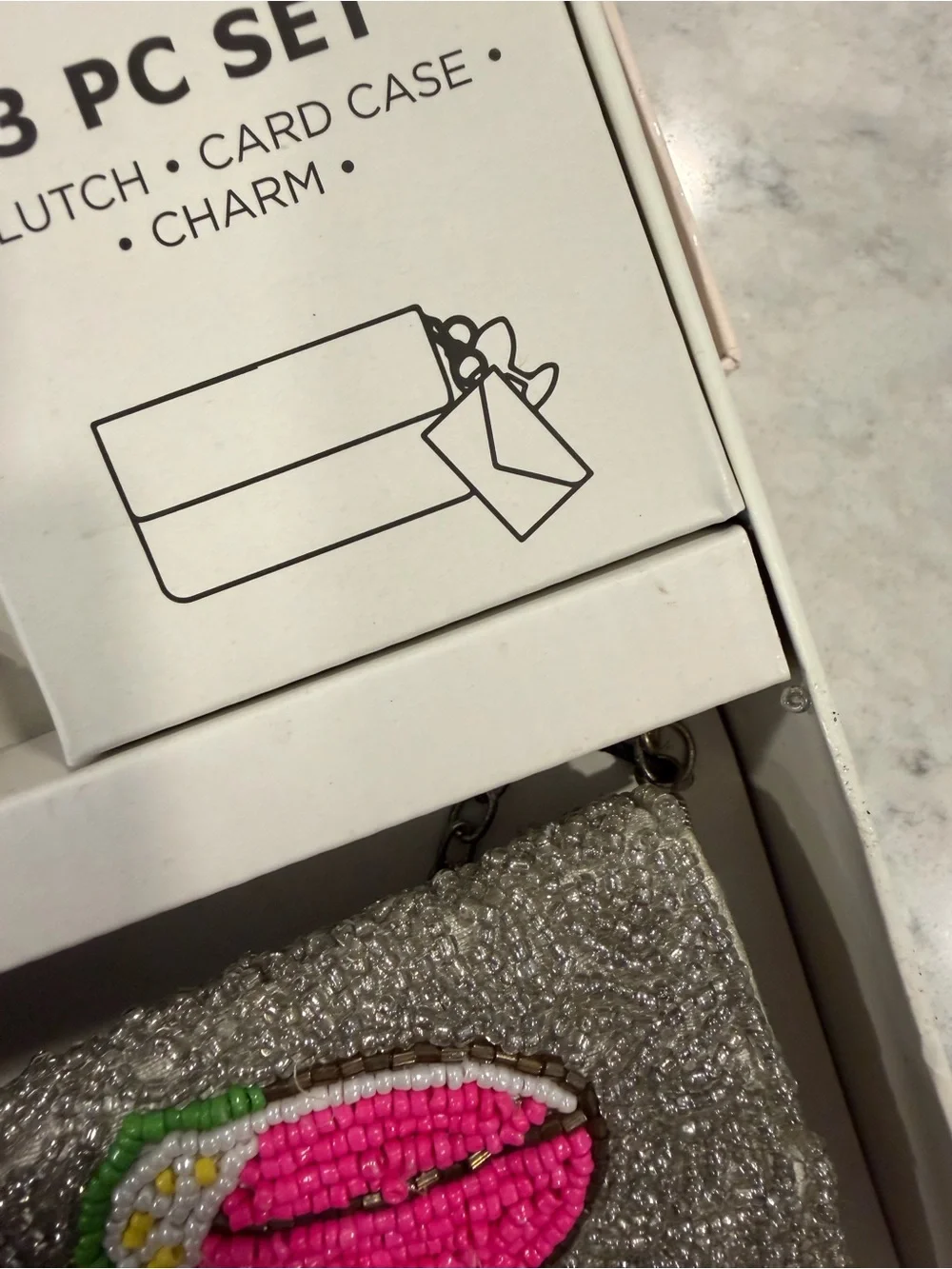 Rachel Zoe Silver Beaded Clutch, Card Case & Charm with Pink Cocktail Motif
